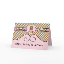 Bear With Pink Cupcake Brown Plaid Invitation Card cards