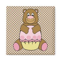 Bear With Pink Cupcake Brown Plaid Magnet magnets