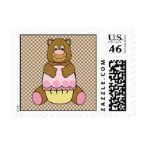 Bear With Pink Cupcake Brown Plaid Stamps stamps