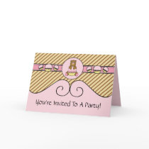 Bear With Pink Cupcake Diagonal Stripe Invitation cards