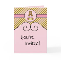 Bear With Pink Cupcake Diagonal Stripes Invitation cards