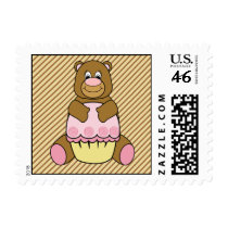 Bear With Pink Cupcake Diagonal Stripes Stamps stamps
