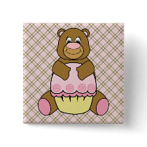 Bear With Pink Cupcake Pink Plaid Button buttons