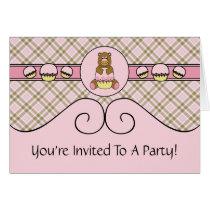 Bear With Pink Cupcake Pink Plaid Invitation Card cards