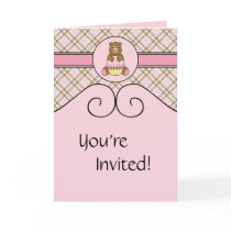 Bear With Pink Cupcake Pink Plaid Invitation cards
