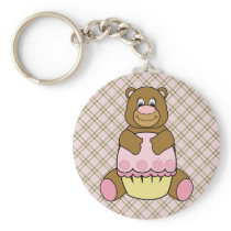 Bear With Pink Cupcake Pink Plaid Keychain keychains