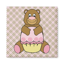 Bear With Pink Cupcake Pink Plaid Magnet magnets