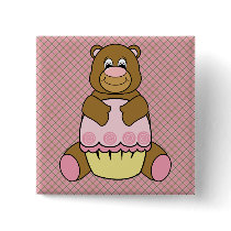 Bear With Pink Cupcake Pink Waffle Cone Button buttons