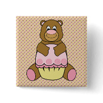Bear With Pink Cupcake Stripes N' Dots Button buttons