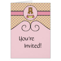 Bear With Pink Cupcake Stripes N' Dots Invitation cards