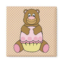 Bear With Pink Cupcake Stripes N' Dots Magnet magnets