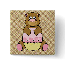 Bear With Pink Cupcake Vanilla Plaid Button buttons