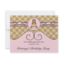Bear With Pink Cupcake Vanilla Plaid Invitation invitations