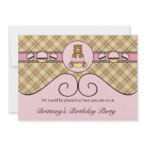 Bear With Pink Cupcake Vanilla Plaid Invitation invitations