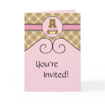 Bear With Pink Cupcake Vanilla Plaid Invitation cards
