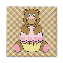Bear With Pink Cupcake Vanilla Plaid Magnet magnets