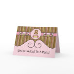 Bear With Pink Cupcake Vertical Stripe Invitation Greeting Card