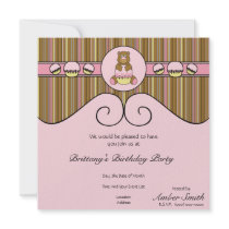 Bear With Pink Cupcake Vertical Stripes Invitation invitations