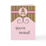 Bear With Pink Cupcake Vertical Stripes Invitation Greeting Card