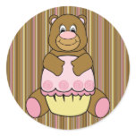 Bear With Pink Cupcake Vertical Stripes Sticker