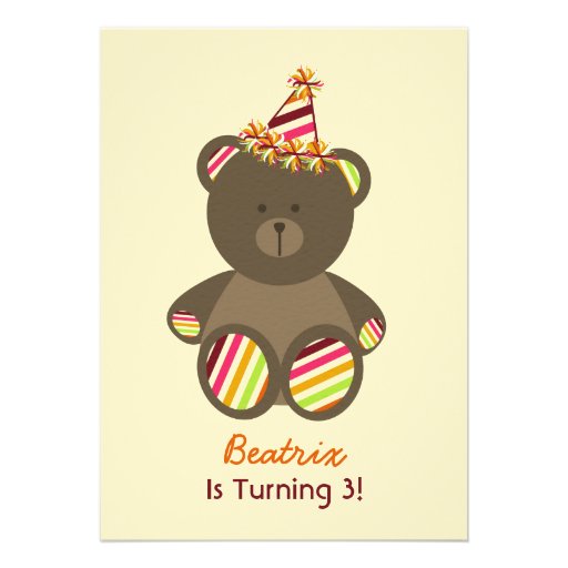 Bear With Striped Birthday Hat Girl's Party Invitation