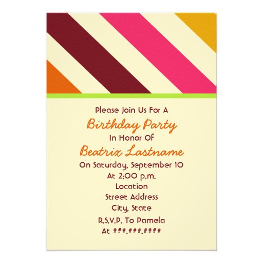 Bear With Striped Birthday Hat Girl's Party Invitation