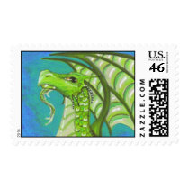 Bearded Green Dragon big eye fantasy art Postage