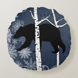 Bears in Winter Birch Forest Round Pillow