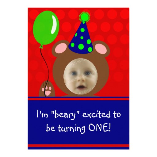 Beary Excited Bear Face Photo Birthday Party Personalized Invitation
