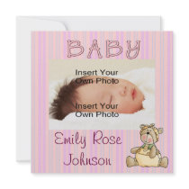Beary Pink Baby Girl Birth Announcements