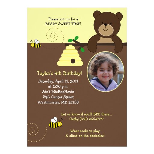 Beary Sweet Bear & Bee 5x7 Birthday Invitation