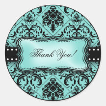 Beautiful Aqua Blue and Black Damask Thank You Sticker