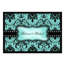 Beautiful Aqua Blue &amp; Black Damask RSVP Cards