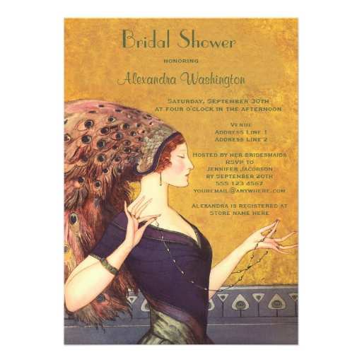 Beautiful Art Deco Peacock Flapper Bridal Shower Invites