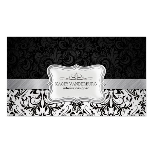 Beautiful Black & White Damask Interior Design Business Cards (front side)