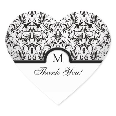 Beautiful Black & White Damask Thank You Heart Sticker
