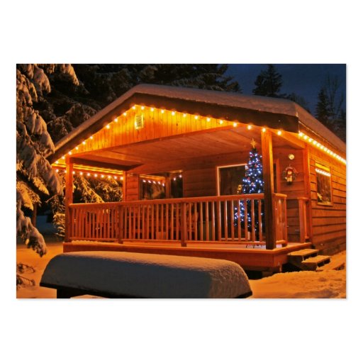 Beautiful Christmas Lights on Log Cabin in Snow Business Card Templates (back side)