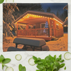 Beautiful Christmas Lights on Log Cabin in Snow Kitchen Towel