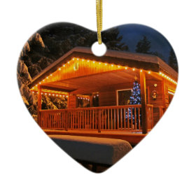 Beautiful Christmas Lights on Log Cabin in Snow Christmas Tree Ornaments