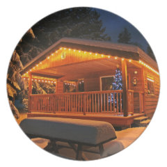Beautiful Christmas Lights on Log Cabin in Snow Party Plates