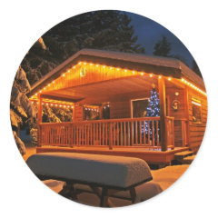 Beautiful Christmas Lights on Log Cabin in Snow Round Sticker