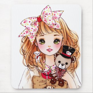 Beautiful doll girl with teddy bear mousepad