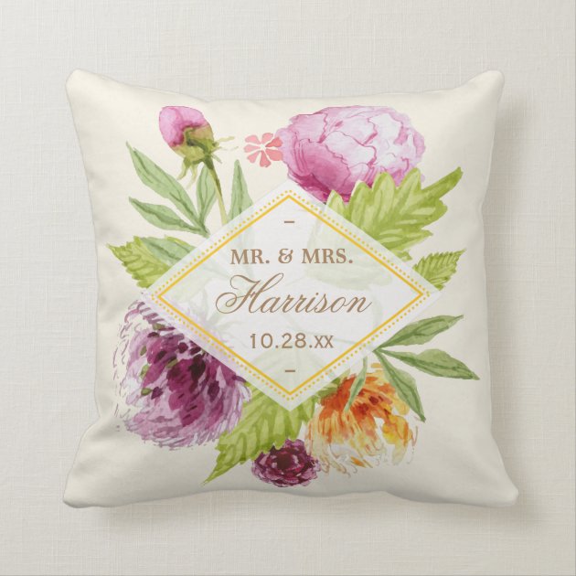 Beautiful Floral Blossom Just Married Wedding Date Throw Pillows