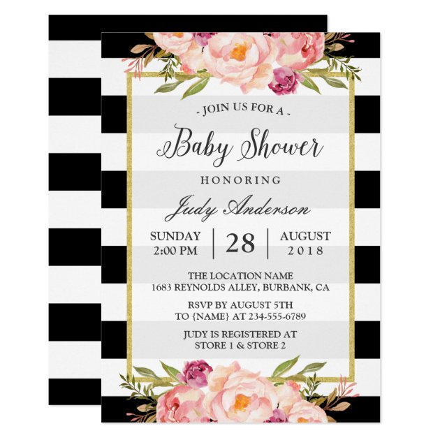 Beautiful Floral Decor Modern Stripes Baby Shower Card