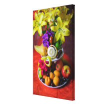 Beautiful flowers and fresh fruits