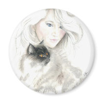 Beautiful Girl and Catl Refrigerator Magnet
