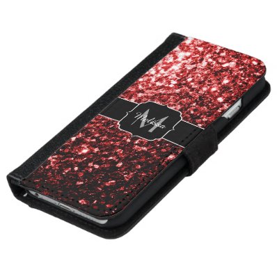 Beautiful Glamour Red Glitter sparkles Monogram Wallet Phone Case For iPhone 6/6S