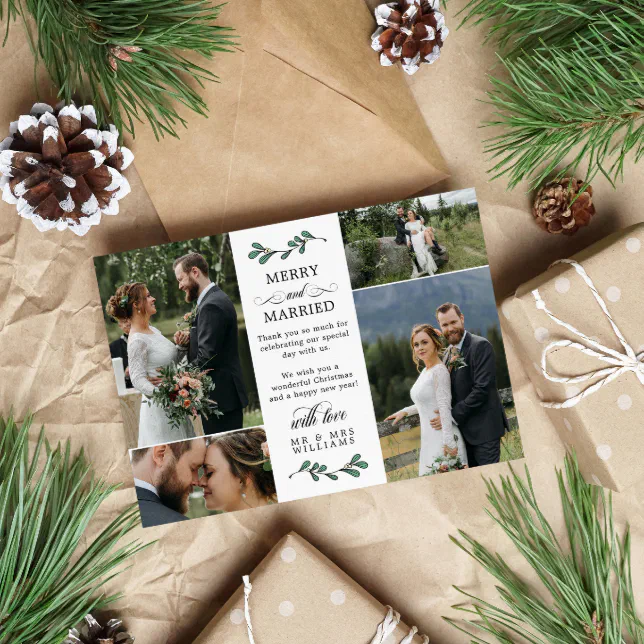 Beautiful Green Mistletoe Merry Married Christmas Thank You Card Zazzle