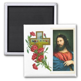 Beautiful Jesus Christ with Cross and Red Flowers Magnets