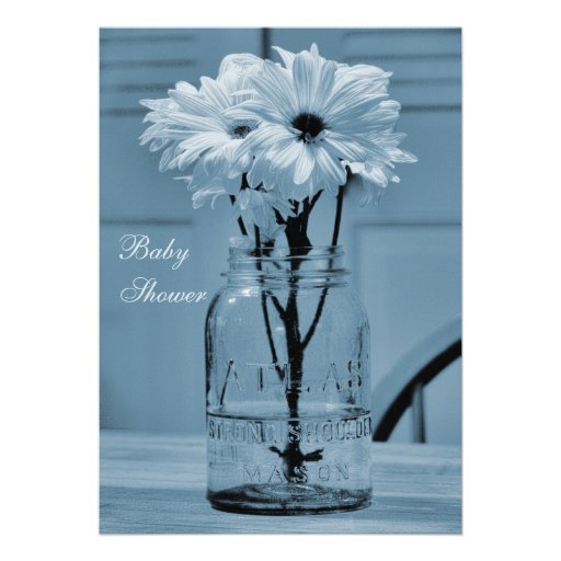 Beautiful Mason Jar & Daisies Blue Baby Shower Personalized Announcements